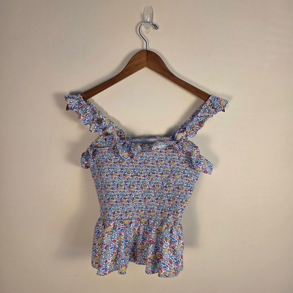 J.Crew Peplum Top Womens Small Multicolor Liberty Fabric Floral Smocked Ruffle - Picture 2 of 9